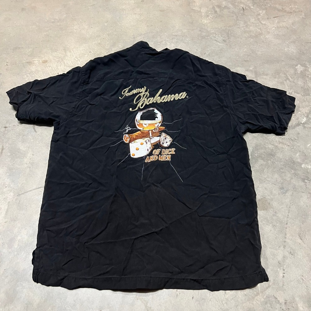 Tommy Bahama Mens M Black 100% Silk Of Dice and Men Embroidered Camp Shirt SS